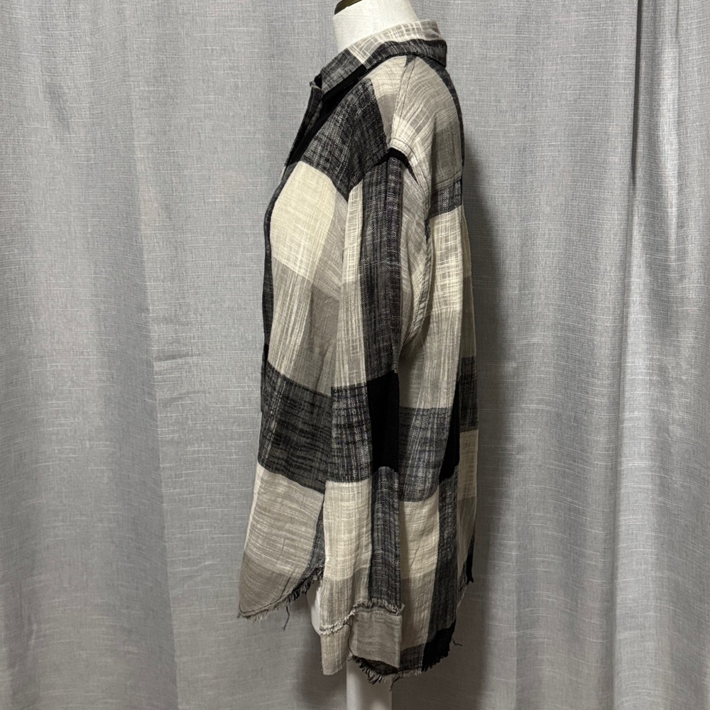 la miel 100% Cotton Shirt-Sz M-Relaxed-Button Up-Plaid-Raw Edge Trim-Lightweight - Picture 11 of 16